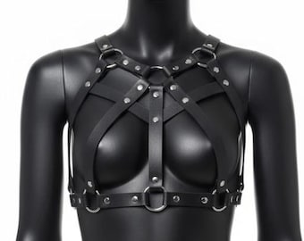 Arneses de couro preto para mulheres, sutiã de couro preto para peito, arnês de peito, arnês de cintura, roupa de couro madura, top de arnês
