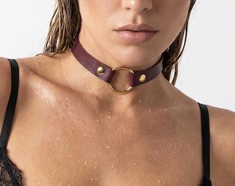 Gargantilla de cuero, collar de cuero BDSM, collar de esclavo BDSM, gargantilla de anillo en O, collar de anillo, collar de día BDSM, gargantilla sumisa