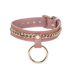 Pink Leather Handmade Choker, Leather Collar with Chain and Ring, Day Collar Choker, Sub Collar, Neck Belt