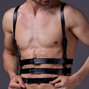 Three Waist Belt Leather Harness for Men, Chest Harness Men, Waist Harnesses, Men&#39;s Leather Harness, Harness for Him, Leather Lingerie Men