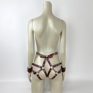 BDSM Bondage Harness Set, Leather Harness Open Bra, Leather Lingerie, Harness Restraints, BDSM Handcuffs, Bondage Harness, Burgundy Harness