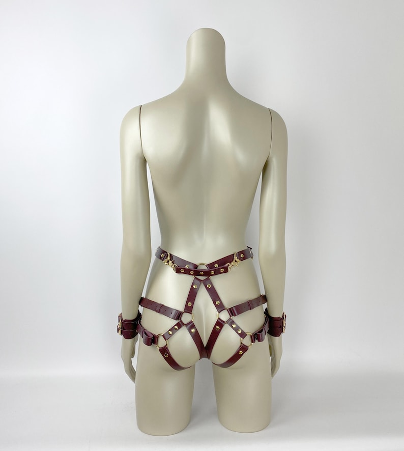 BDSM Bondage Harness Set, Leather Harness Open Bra, Leather Lingerie, Harness Restraints, BDSM Handcuffs, Bondage Harness, Burgundy Harness