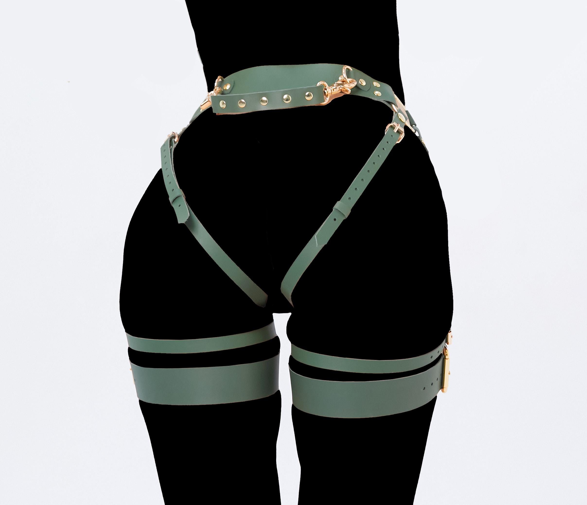 Black Leather Thigh Leg Garter Caged Body Harness Adjustable Waist Chain Belt For Women Or Men Festival Rave Costume, Black, One Size