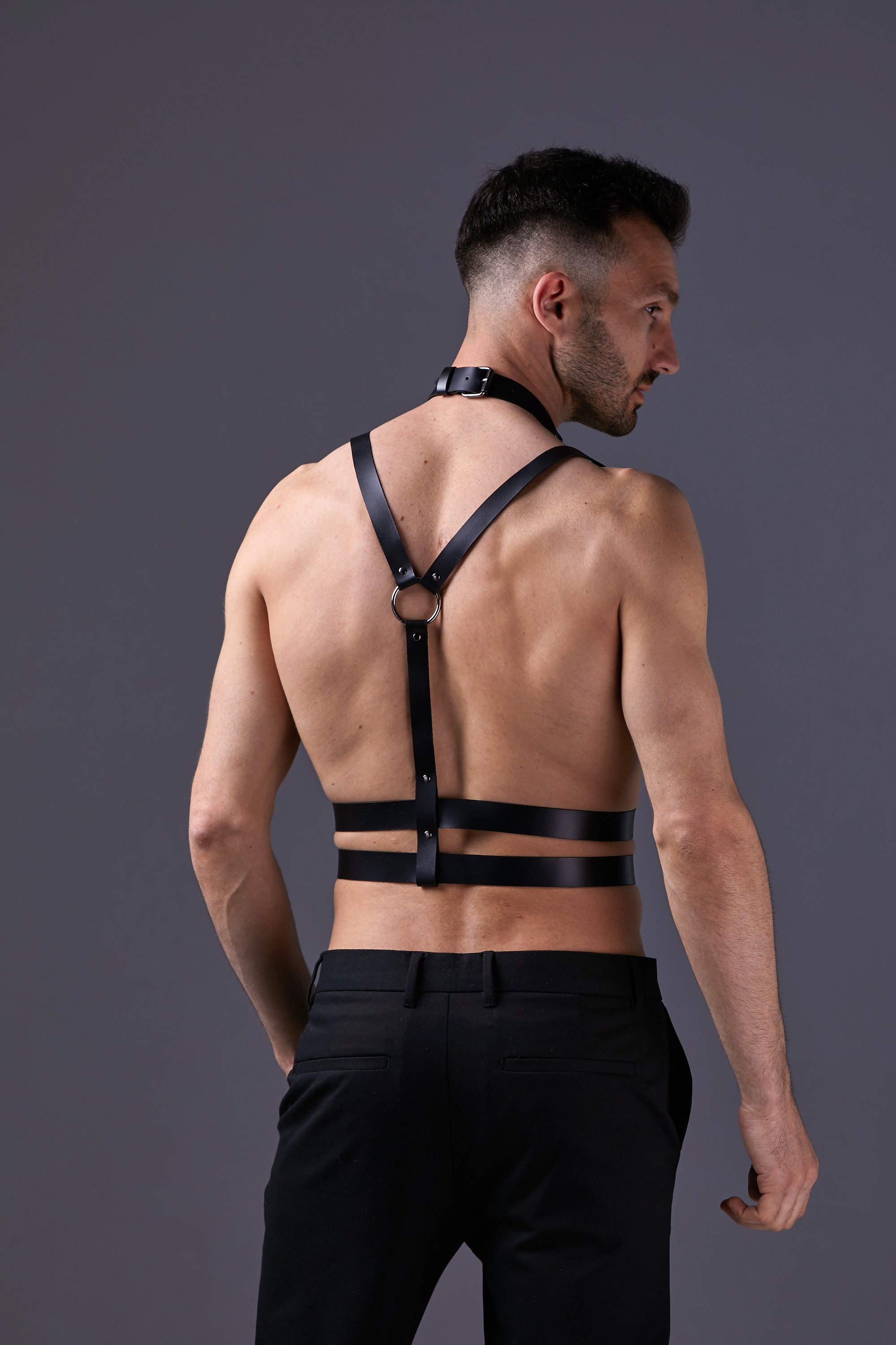 Leather Harness with Chain Collar for men Bondage Kit Chest Etsy
