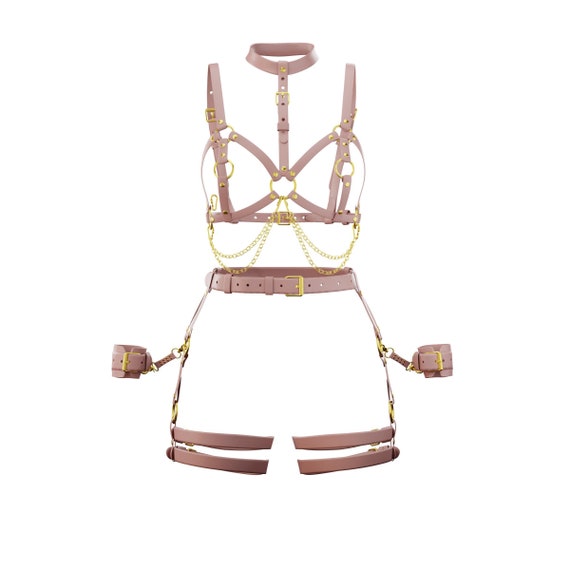 BDSM Kit, Body Harness Set, Open Bra, Chain Harness, Bondage Harness, Garter Belt Harness, BDSM-Gear for Women, Leather Harness Set, Mature