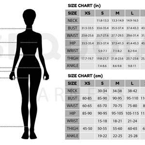 May include: Size chart for clothing in inches and centimeters. The chart shows measurements for neck, bust, waist, hip, wrist, thigh, and ankle. Sizes range from XS to XXL.