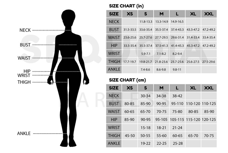 May include: Size chart for clothing in inches and centimeters. The chart shows measurements for neck, bust, waist, hip, wrist, thigh, and ankle. Sizes range from XS to XXL.