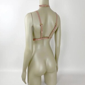 Puede incluir: Un arn&eacute;s de cuero rosa rubor con un choker a juego. El arn&eacute;s presenta correas ajustables y herrajes met&aacute;licos de color dorado. El dise&ntilde;o incluye un choker, correas para los hombros y una correa para el pecho, todo conectado con hebillas met&aacute;licas.
