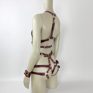 BDSM Bondage Harness Set, Leather Harness Open Bra, Leather Lingerie, Harness Restraints, BDSM Handcuffs, Bondage Harness, Burgundy Harness