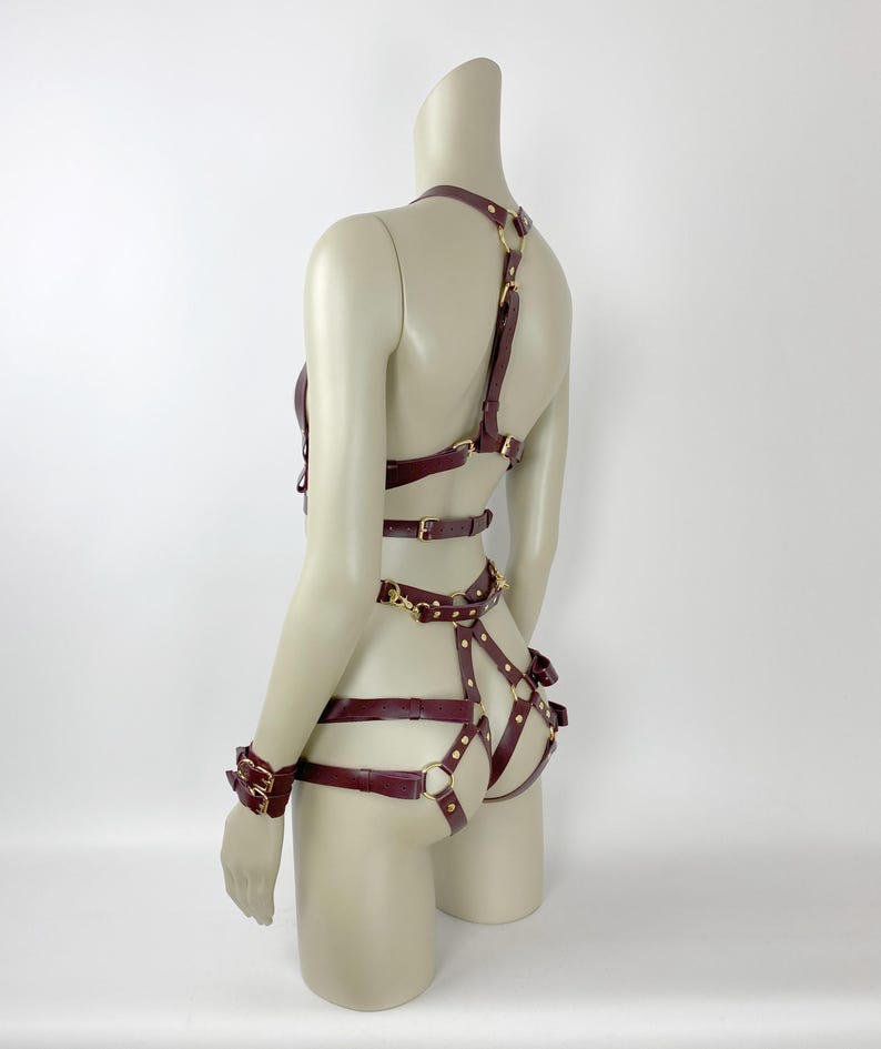 BDSM Bondage Harness Set, Leather Harness Open Bra, Leather Lingerie, Harness Restraints, BDSM Handcuffs, Bondage Harness, Burgundy Harness