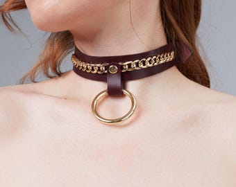Gargantilla de cuero burdeos, hecha a mano con cadena y anilla, collar de gargantilla a medida, gargantilla punk, gargantilla de lujo Marsala