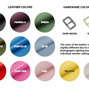 Pu&ograve; includere: Immagine che mostra le opzioni di colore della pelle e dell'hardware. I colori della pelle includono nero, marsala, verde, verde oliva scuro, blu scuro, blu, rosso, rosa scuro, rosa, giallo e beige. Le opzioni hardware sono nichel scuro e oro.