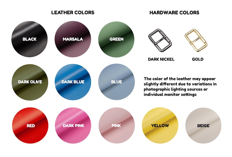 Pu&ograve; includere: Immagine che mostra le opzioni di colore della pelle e dell'hardware. I colori della pelle includono nero, marsala, verde, verde oliva scuro, blu scuro, blu, rosso, rosa scuro, rosa, giallo e beige. Le opzioni hardware sono nichel scuro e oro.