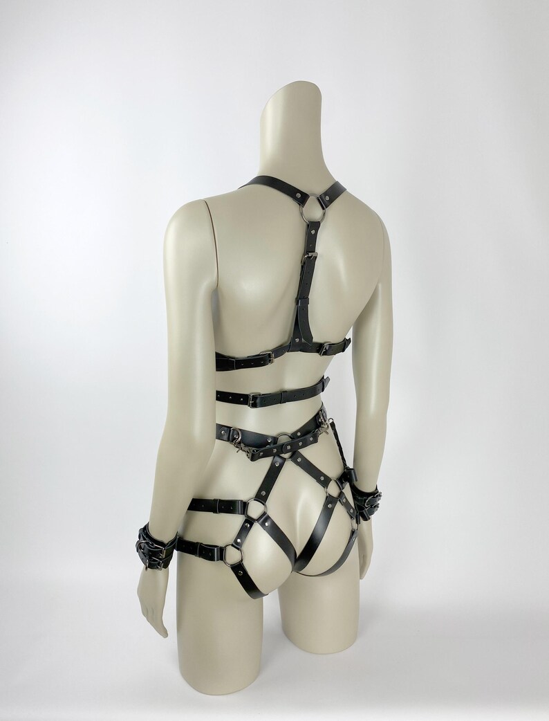 BDSM Bondage Harness Set, Leather Harness Open Bra, Leather Lingerie, Harness Restraints, BDSM Handcuffs, Bondage Harness, Burgundy Harness