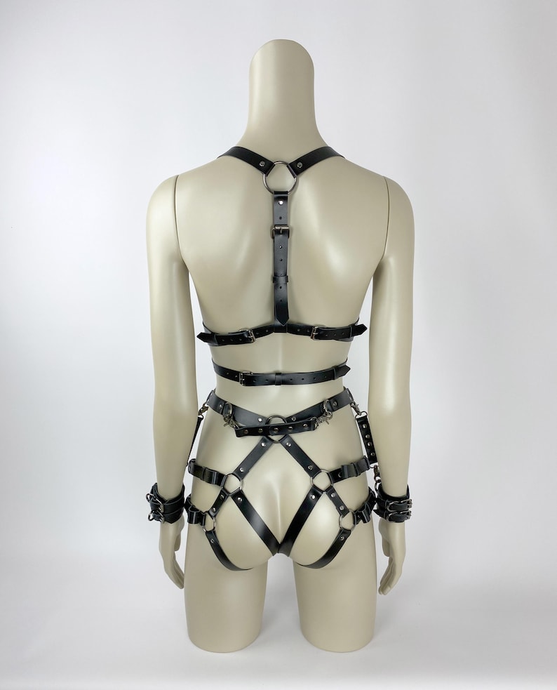 BDSM Bondage Harness Set, Leather Harness Open Bra, Leather Lingerie, Harness Restraints, BDSM Handcuffs, Bondage Harness, Burgundy Harness