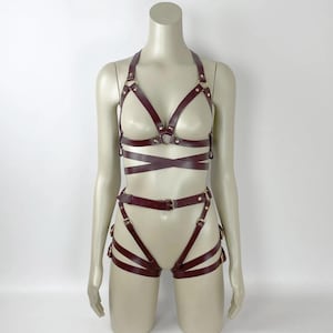 Set di imbracature in pelle, reggiseno aperto, imbracatura a catena, imbracatura bondage, kit BDSM Marsala, imbracatura con giarrettiera, attrezzatura BDSM per donne, imbracatura per tutto il corpo immagine 2
