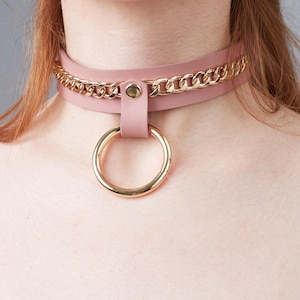 Pink Custom Leather Choker, Choker with Chain and O-ring, Handmade Choker Collar, Punk Choker, Luxury Choker Gift For Her, O Ring Choker