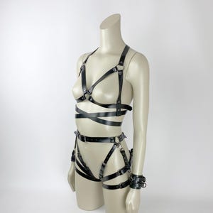 BDSM Bondage Harness Set, Leather Harness Open Bra, Leather Lingerie, Harness Restraints, BDSM Handcuffs, Bondage Harness, Burgundy Harness