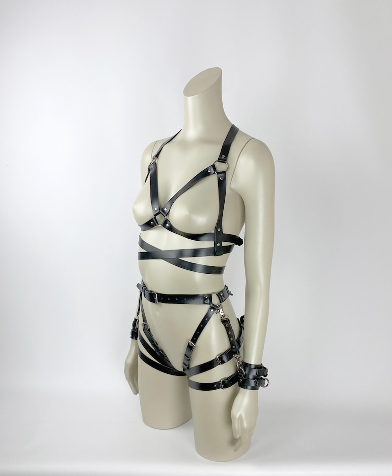 BDSM Bondage Harness Set, Leather Harness Open Bra, Leather Lingerie, Harness Restraints, BDSM Handcuffs, Bondage Harness, Burgundy Harness