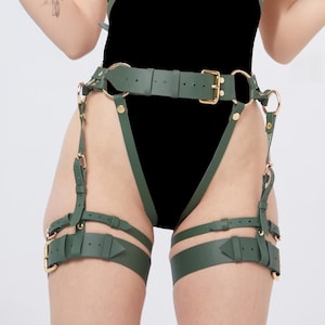 Leather Harnesses for Women, Green Leg Harness Bondage, Plus Size Harness, Waist Harness, Submissive Harness Bondage, Kinky Leather Belts