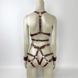 BDSM Bondage Harness Set, Leather Harness Open Bra, Leather Lingerie, Harness Restraints, BDSM Handcuffs, Bondage Harness, Burgundy Harness