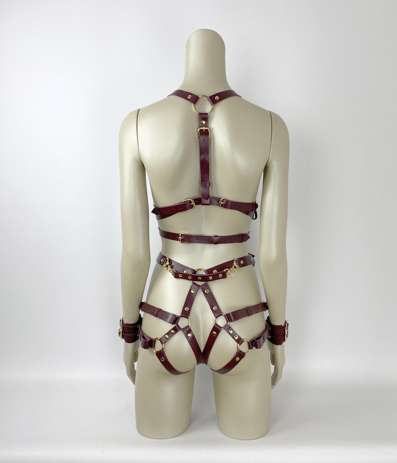 BDSM Bondage Harness Set, Leather Harness Open Bra, Leather Lingerie, Harness Restraints, BDSM Handcuffs, Bondage Harness, Burgundy Harness