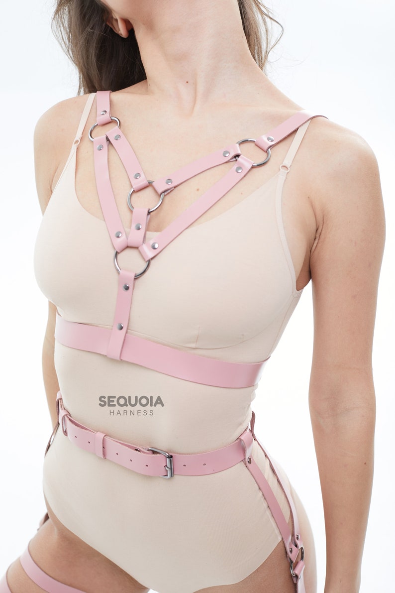 Pink Leather Harness Set, Harness Bondage Set, Bondage Harness Set, BDSM Kit, Garter Belt Harness, BDSM-Gear for Women, Bdsm Harness Set image 3