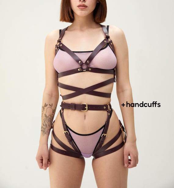 BDSM Bondage Harness Set, Leather Harness Open Bra, Leather Lingerie, Harness Restraints, BDSM Handcuffs, Bondage Harness, Burgundy Harness