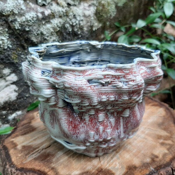 Porcelain Planter Pot - White and Red Glaze - 3D Printed