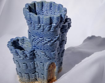Castle Ceramic Planter Art - Blue Glaze - 3D Printed