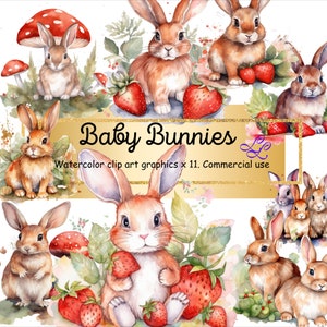 Bébés lapins aquarelle arrière-plans transparents clip art X 11. Utilisation commerciale.  Fichiers PNG individuels disponibles après l'achat.
