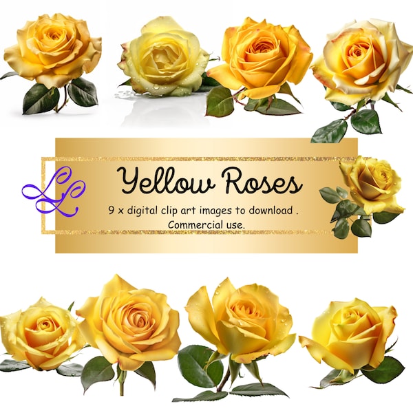 9 X Beautiful yellow rose digital clip art images to download.  Commercial use.