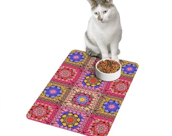 Cute Granny Square colorful Pet Food Mat (12x18) Cute Pet gift, Most Popular Item, Best Seller, Trending on Etsy, Great Gift Idea