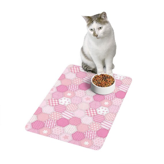 Pet Food Mat, Pink Patchwork Design Waterproof Dog Bowl Mat, Cat