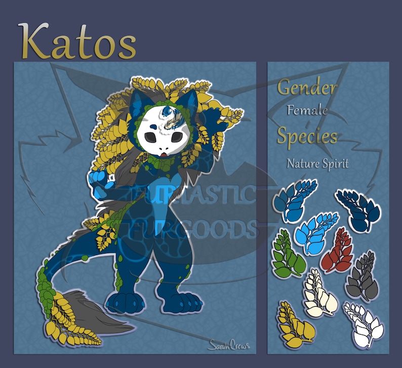 May include: Digital illustration of a blue Nature Spirit called Katos, with yellow and green leafy details. The character has a white mask and a long tail. The image includes the text "Fantastic Fur Goods."