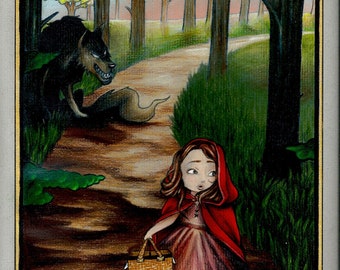 May include: A young girl in a red hooded dress and carrying a wicker basket walks through a dark forest. A wolf lurks in the shadows behind her.