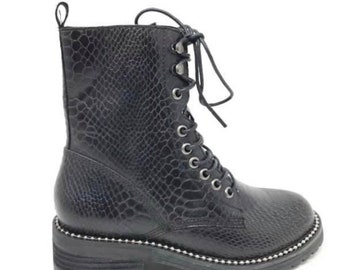 Black Snakeskin Lace Up Combat Boots CLEARANCE