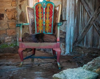 SOLD!!!!!!  Wyatt Antique Wingback Chair Hand Painted Upholstered Navajo Pendleton Woolen Mill Fabric Brindle Cowhide CopperTack