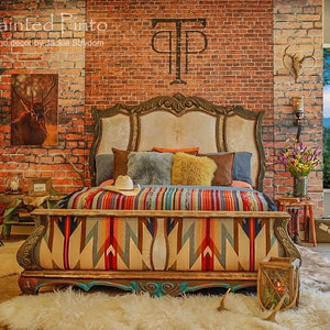 SOLD!!! White Thunder King Bed Hand Painted Southwestern Western Boujee Navajo Pendleton Fabric Luxury Furniture Cowhide Lodge Decor