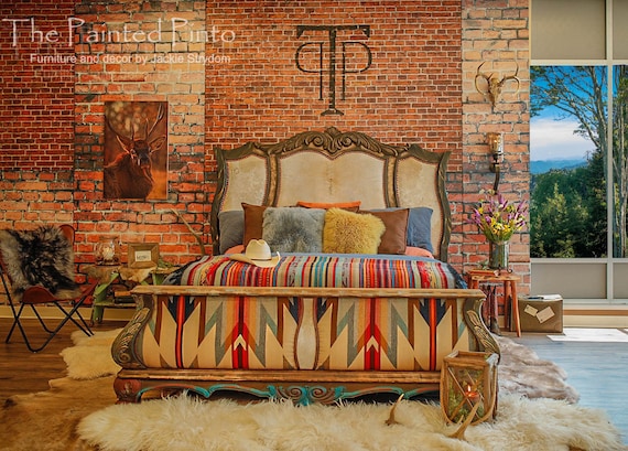 SOLD White Thunder King Bed Hand Painted Southwestern Western