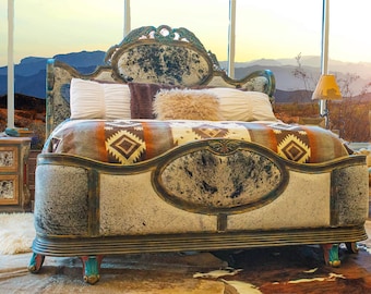 SOLD!!  Wrap King Bed Hand Painted Southwestern Western Boujee Navajo Pendleton Fabric Luxury Furniture Cowhide Lodge Decor
