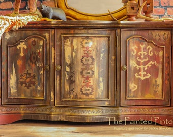 AVAILABLE!!  War Paint Buffet Abstract Furniture Art One Of A Kind Hand Painted Highend Mountain Retreat Southwest