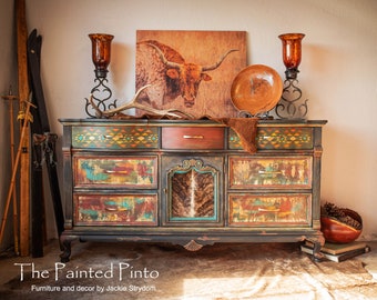 SOLD!!!!  Do Not Purchase Contact Shop For Availibility.  Sitting Bull Hand Painted Rustic Lodge Ranch Buffet Dresser Longhorn Cowhide