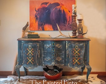 SOLD OUT!!!! Console Buffet Hand Painted Antique BOHO  Rustic Lodge Ranch Decor Turquoise Red Gold French Provincial Navajo Pendleton