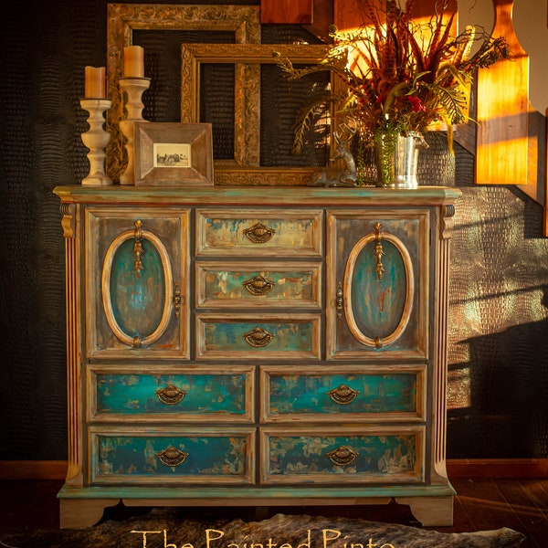 SOLD*****Rustic Hand Painted Buffet Rich Color Gorgeous Hardware Turquoise Aqua Gold Metallic Chalk Paint For Dining Room Living Room Decor