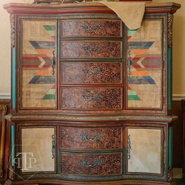 SOLD!!!! Do Not Purchase Contact Shop For Availibility.  Southwestern Hand Painted Armoire Dresser Rustic Lodge Ranch Rodeo Navajo Tribal