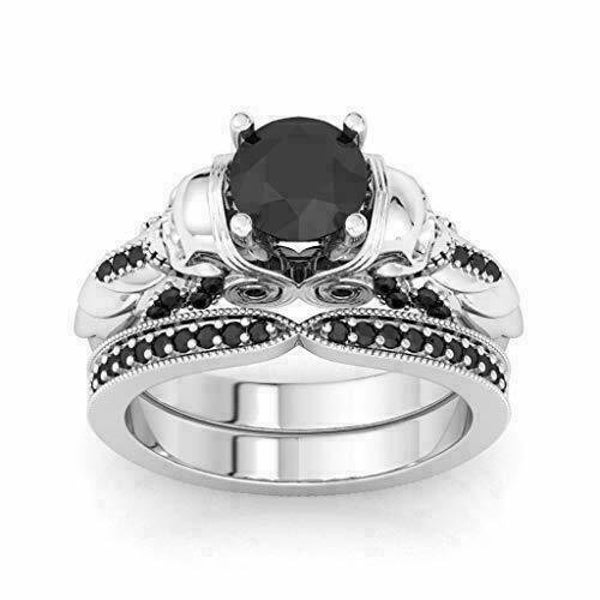 Two Skull Face 2.36Ct Black Round Moissanite Diamond Engagement Wedding Ring Set