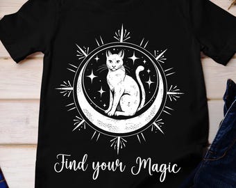 Finde dein Magisches Shirt, Schwarzes Katzen Shirt, Himmlisches Schwarzes Katzen Mond Shirt, Astrologie Shirt, Mond Grafik T-Shirt, Katzen Mond, Magisches Witchy Shirt