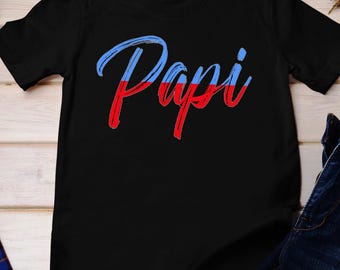 May include: Black t-shirt with the word "Papi" written in red and blue lettering.