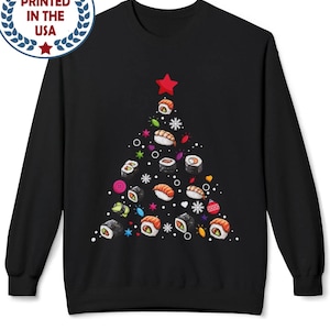 Bluza Sushi Christmas Tree, japońska koszulka z okrągłym dekoltem dla miłośników ryb, zabawny sweter anime, świąteczny sweter, wyjątkowy prezent
